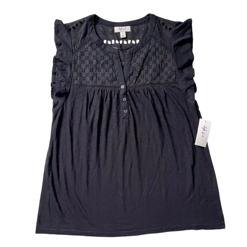 Style & Co. Eyelet Flutter Sleeve Black Top - Picture 2 of 6
